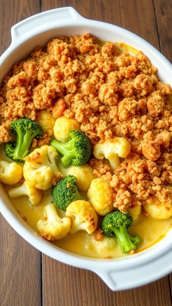 Cheesy cauliflower and broccoli bake with a golden breadcrumb topping in a white dish on a wooden table.